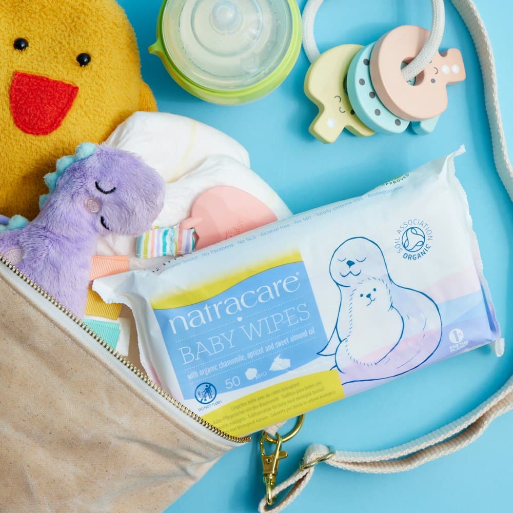 A bag packed with baby items
